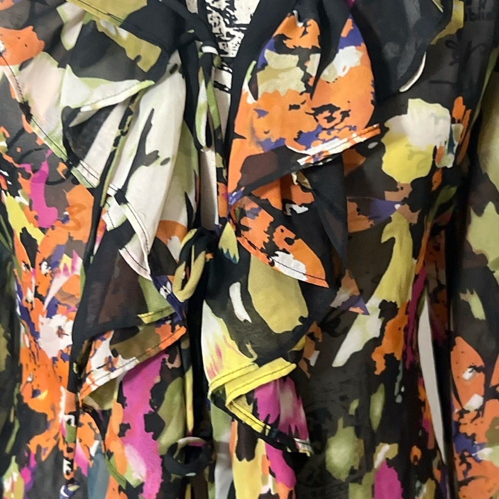 Cabi Top multicolor black floral cascade ruffle tie-front semi-sheer blouse - Picture 4 of 9